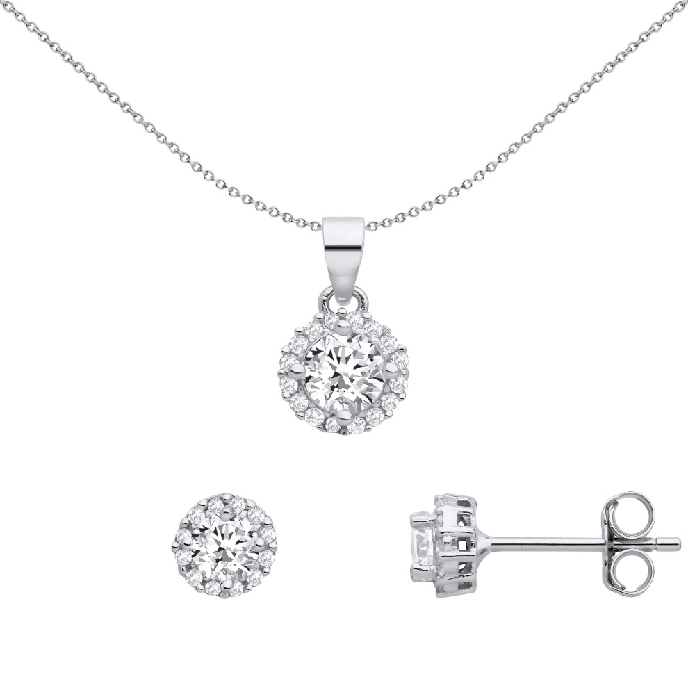 Jewelco London Ladies Rhodium Plated Sterling Silver CZ Halo Cluster Solitaire Earrings Necklace Set - GSET668