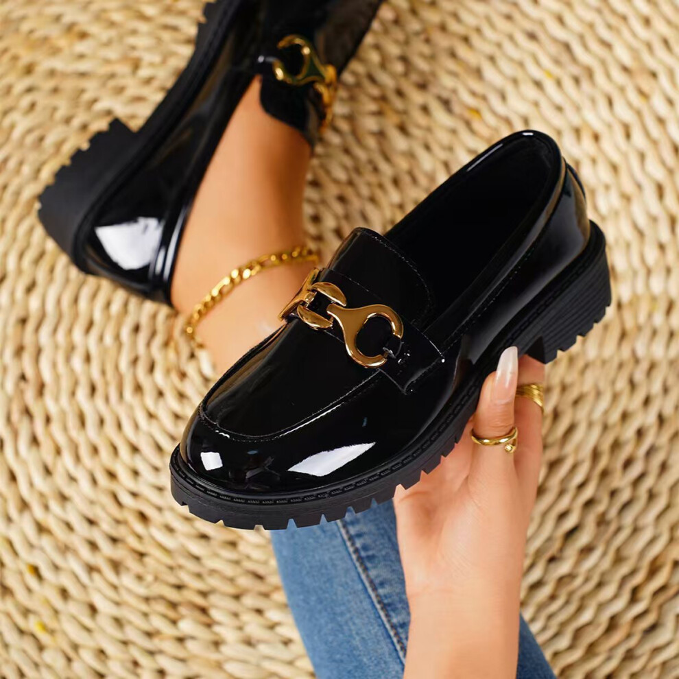 (Black, 39) British Chic Inspired Low Top Womens Loafers With Round Toe And Durable Thick Sole