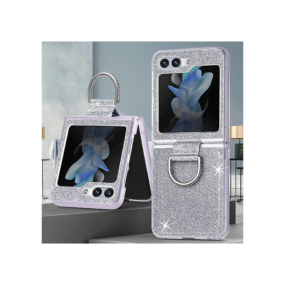 (silver) Galaxy Z Flip 5 5g Case With Ring, Glitter Crystal Bling Sparkly Leather With Slim Fit Hard Pc Bumper Protective Cases Cover