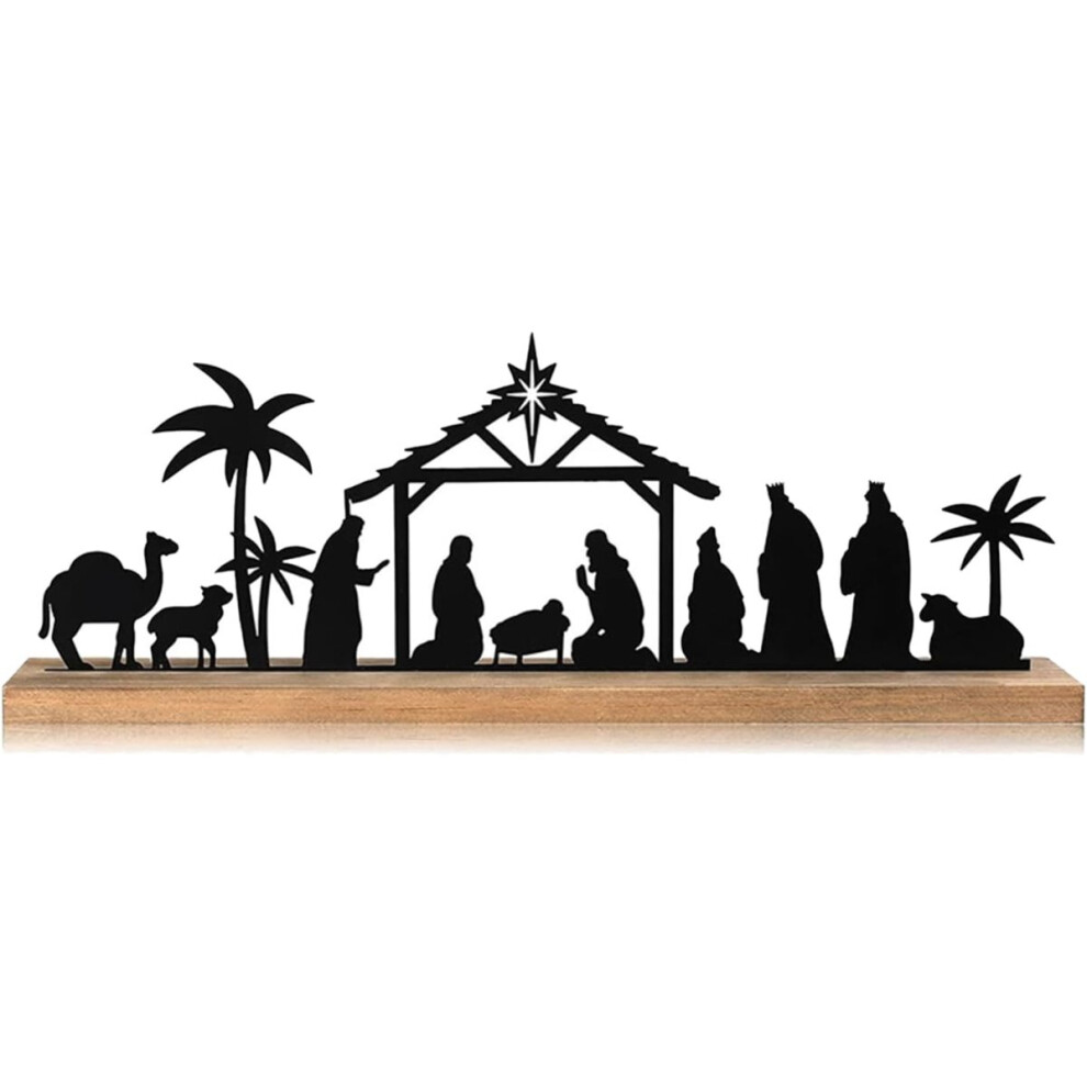 Nativity Scene Set for Christmas Decorations Indoor, Black Metal Nativity Set Wooden Plaque Christmas Table Centerpiece Xmas Party Indoor Decor