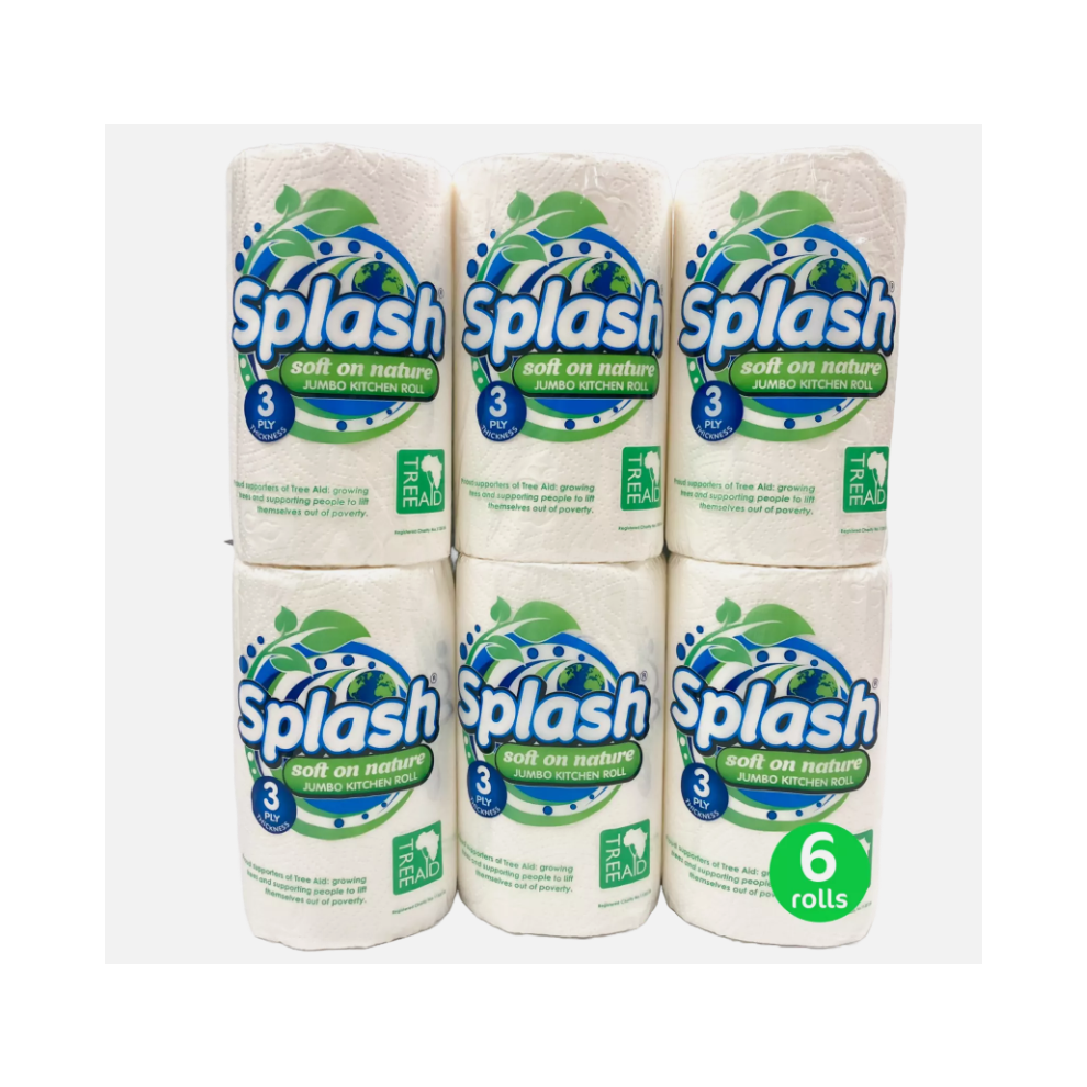 (6 Rolls) Strong Jumbo Kitchen Roll Splash 3ply Eco Friendly