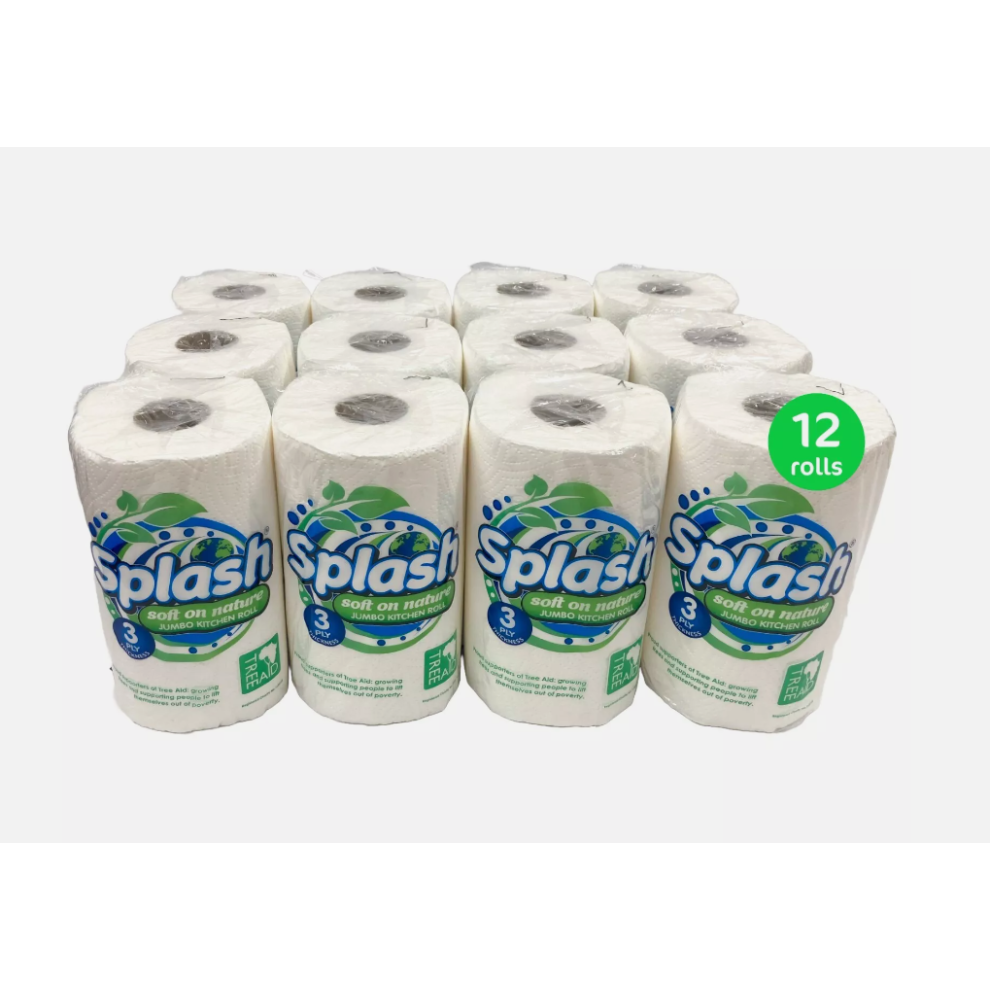 (12 Rolls) Strong Jumbo Kitchen Roll Splash 3ply Eco Friendly