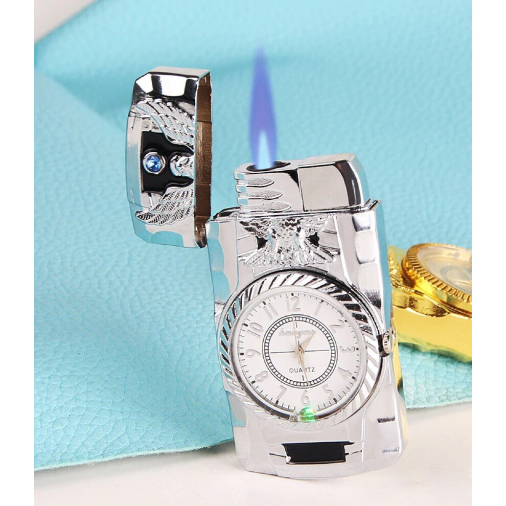 (Silver) Windproof Jet Lighter With Light &Quartz Clock Refillable Gas Lighter UK Gift Gold SILVER