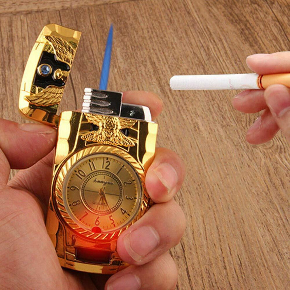 (Gold) Windproof Jet Lighter With Light &Quartz Clock Refillable Gas Lighter UK Gift Gold SILVER