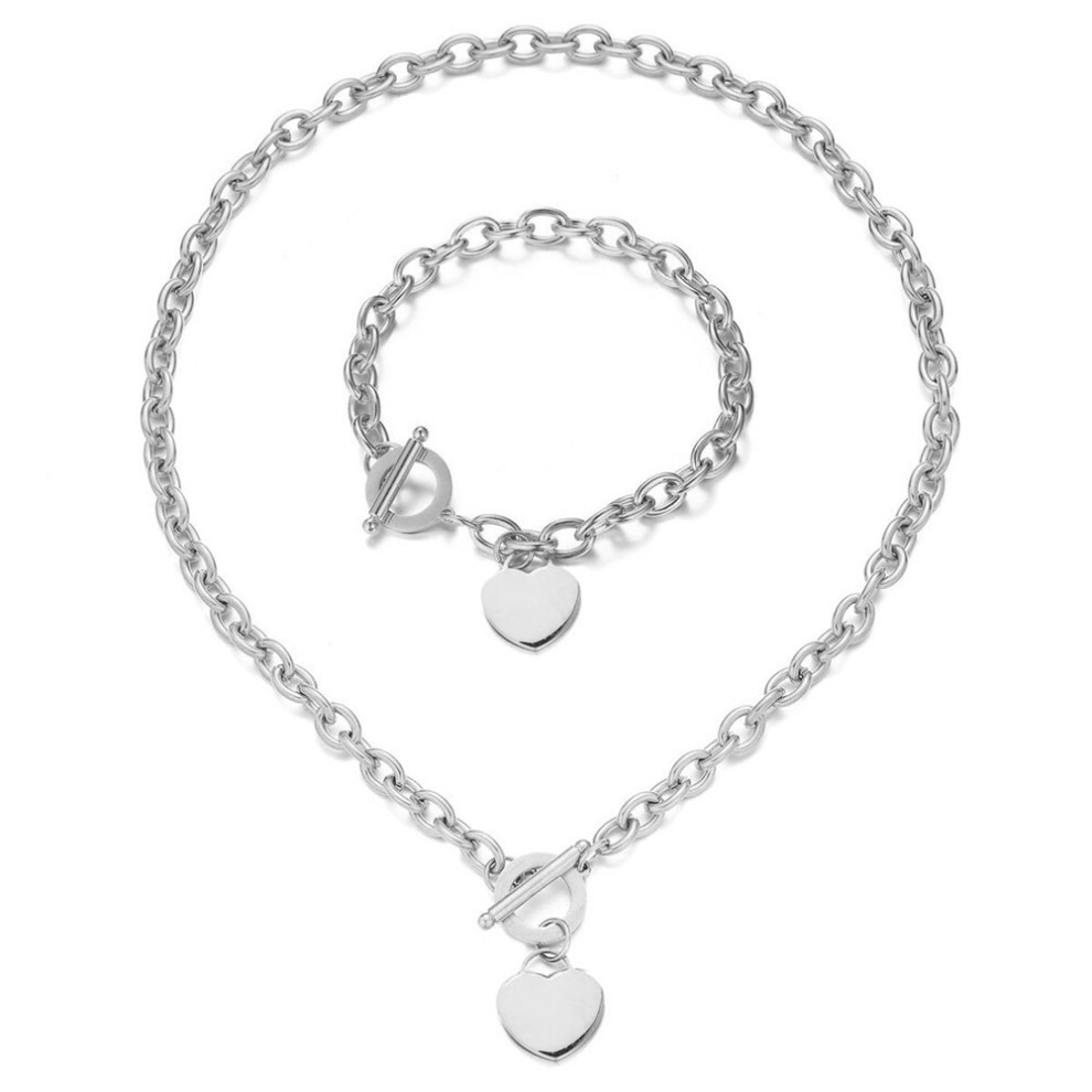 (sliver) Minimalist T-Bar Heart Pendant Jewelry Set - Stainless Steel Necklace & Bracelet Gift Set