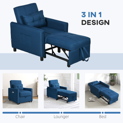 Homcom HOMCOM Pull Out Chair Bed, Sleeper Chair with Pillow, Side Pockets, Blue 2