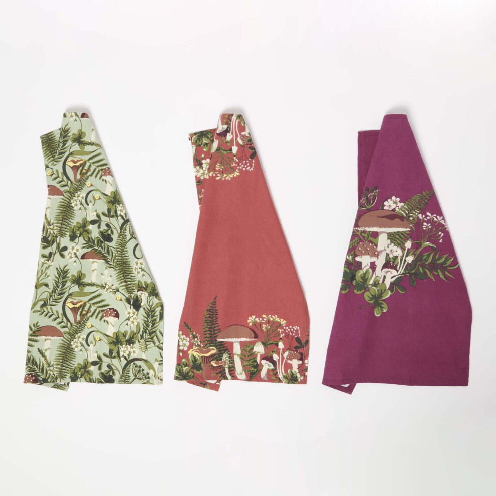 Homescapes Woodland Mushrooms 100% Cotton Tea Towels Set Of Three Multicoloured