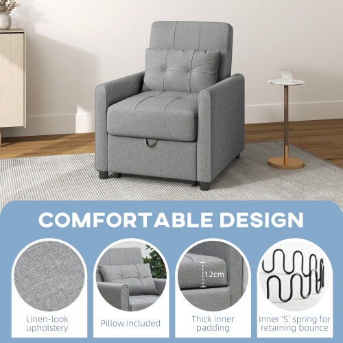 Homcom HOMCOM Pull Out Chair Bed, Sleeper Chair with Pillow, Side Pockets, Light Grey 2