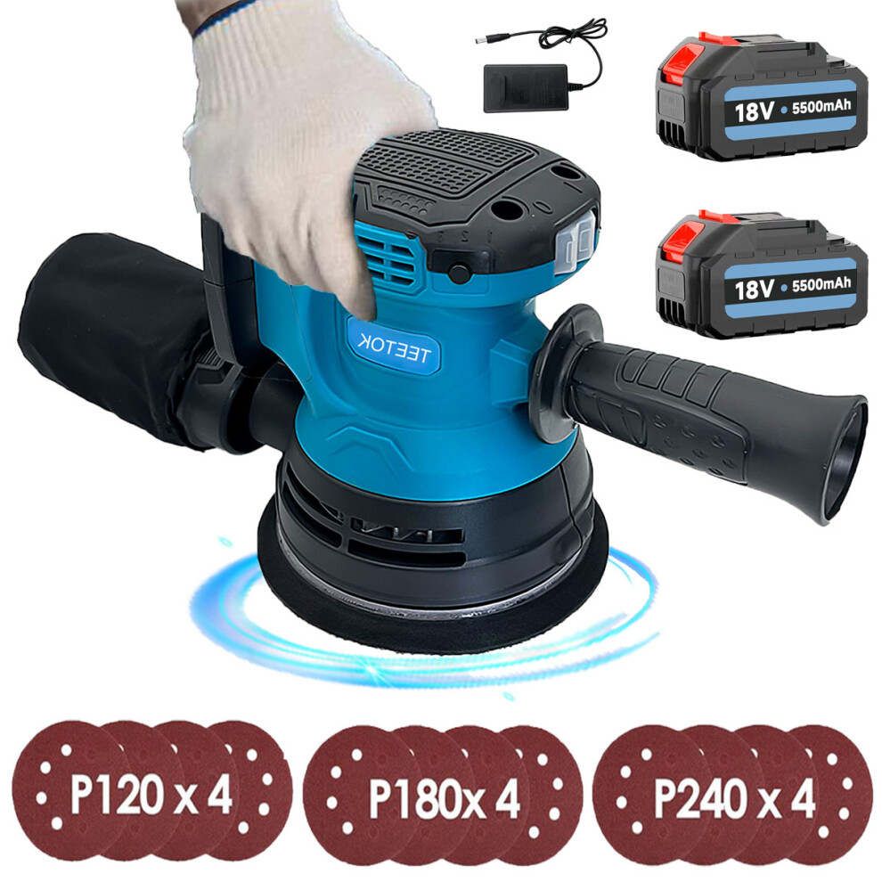 Cordless Brushless Orbital Sander 125mm +2x 5.5A Battery+Charger-Makita Compatible