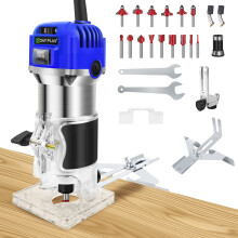 Palm Router Trimmer Kit - 710W Woodworking Router with Aluminum Body, 10,000-30,000 RPM, 6.35mm Shank, 15pc Carbide Bit Set