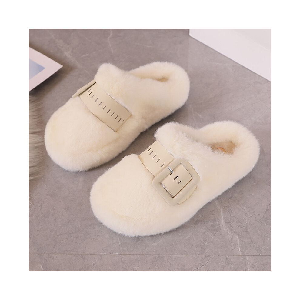 (Beige, 35) Trendy Chunky Sole Womens Closed Toe Furry Slippers In Beige Khaki And Black-image-OPC-PFJVNFH-NEW
