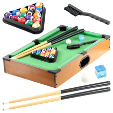 The Magic Toy Shop Mini Pool Table for Kids - Portable Wooden Tabletop Billiards Game with 2 Cues, 16 Balls, Triangle, Brush & Chalk