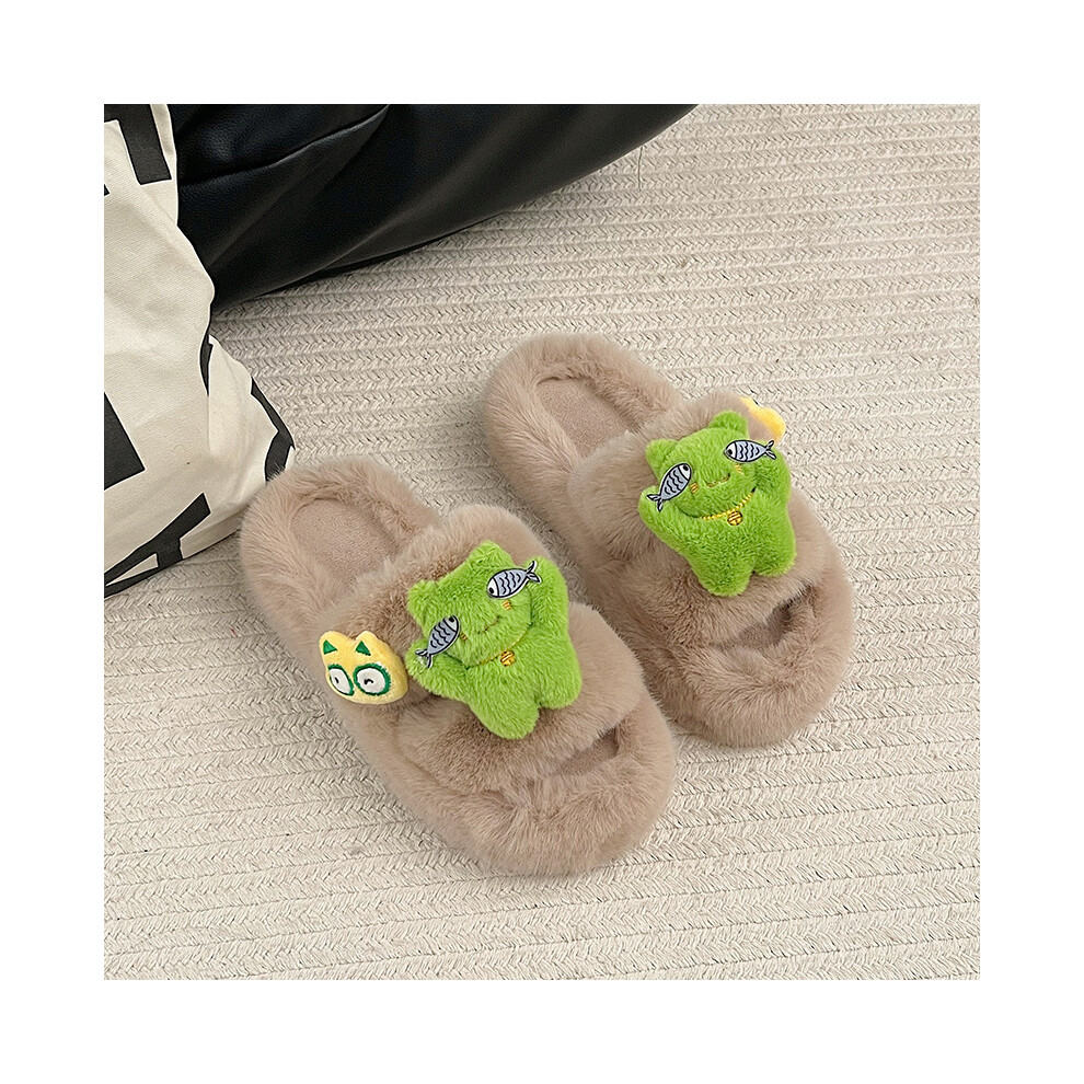 (Khaki, 40) Fluffy Warm Frog Thick Sole Slippers For Women Available In Khaki Beige And Black-image-OPC-PFJVVJW-NEW
