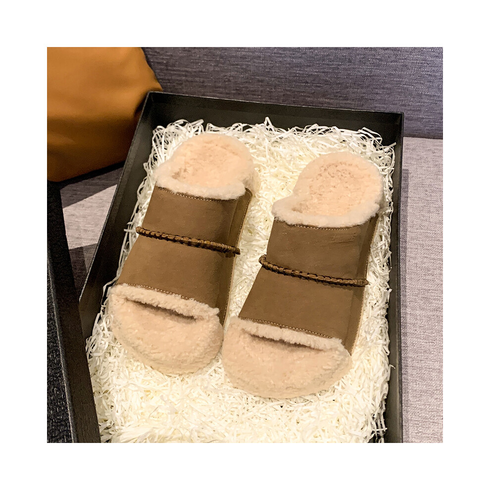 (Khaki, 35) Elegant Thick Fleece Slippers For Women In Vintage Colors Stylishly Crafted For Autumn Winter Comfort-image-OPC-PFJVZGT-NEW