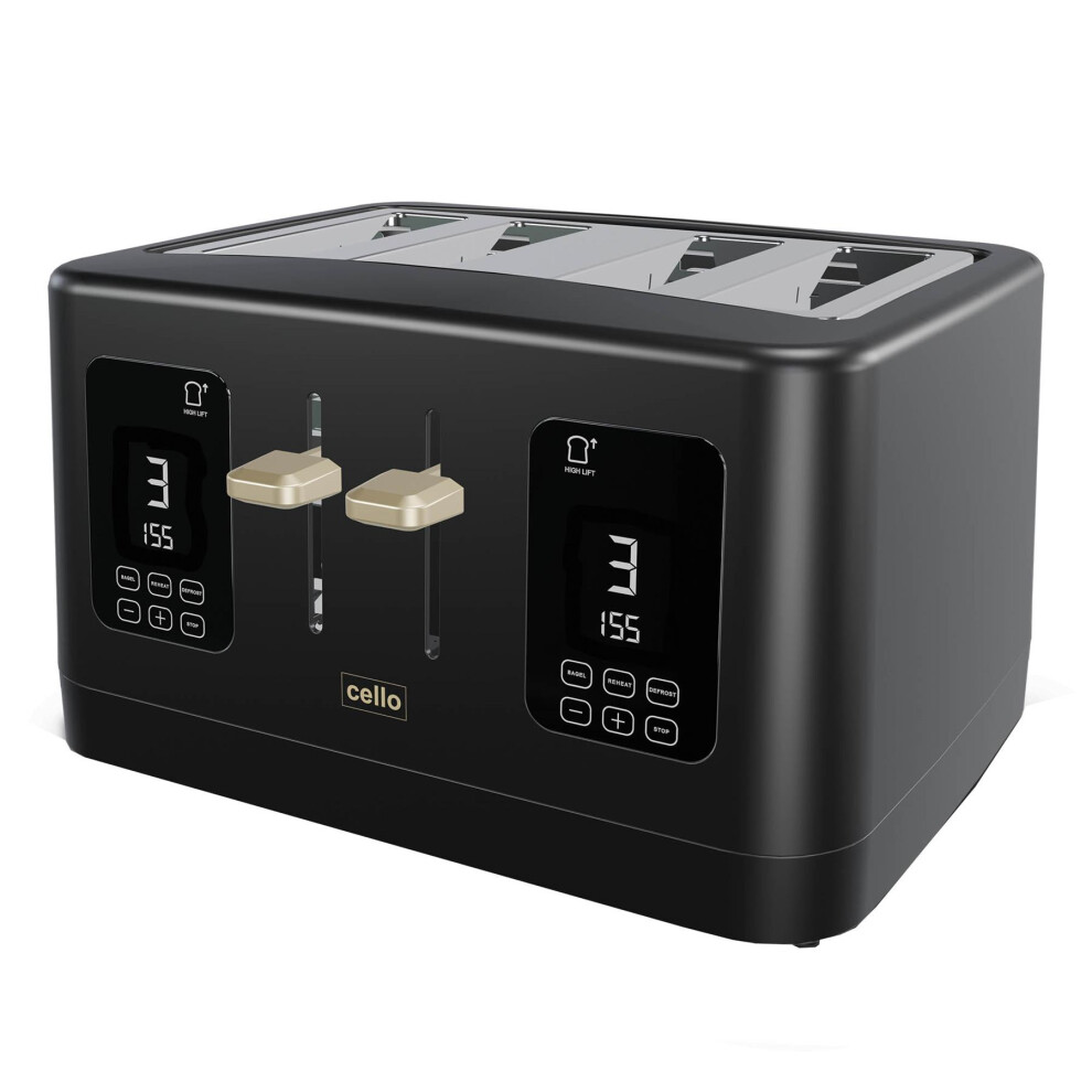 Cello Digital 4 Slice Toaster With Toast Timer, 1600W, Digital Control Panel, Wide Slot, 7 Browning Levels, Auto Stop Black