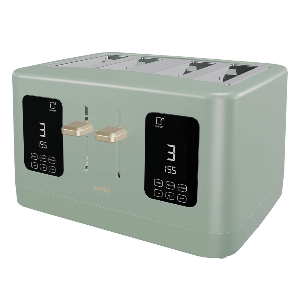Cello Digital 4 Slice Toaster With Toast Timer, 1600W, Digital Control Panel, Wide Slot, 7 Browning Levels, Auto Stop Green