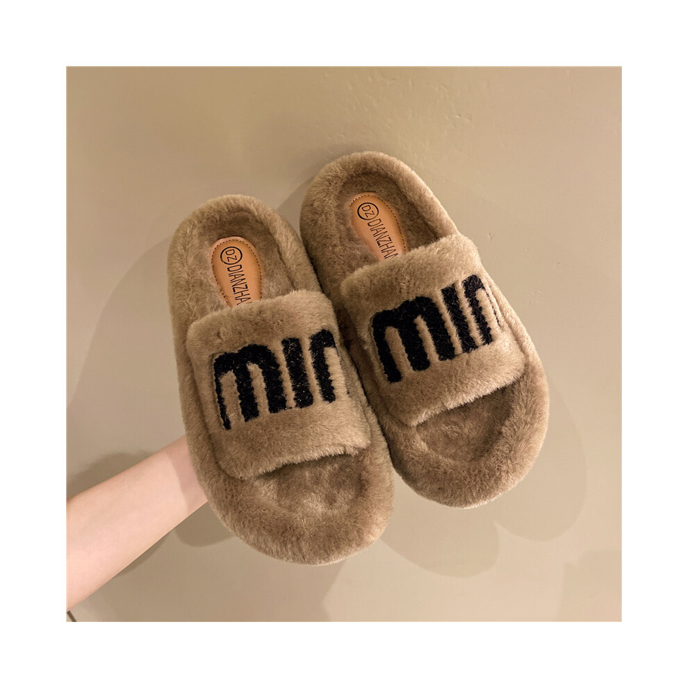 (Khaki, 38) Comfy Chic And Womens Furry Slippers With Round Toe Design In Khaki Beige And Black Perfect For A Cozy Stylish Look This Winter-image-OPC-PFJW8P9-NEW
