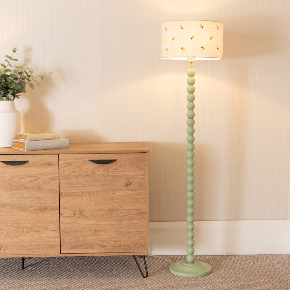 ValueLights Bobbins Sage Green Floor Lamp with Lemon Embroidered Shade