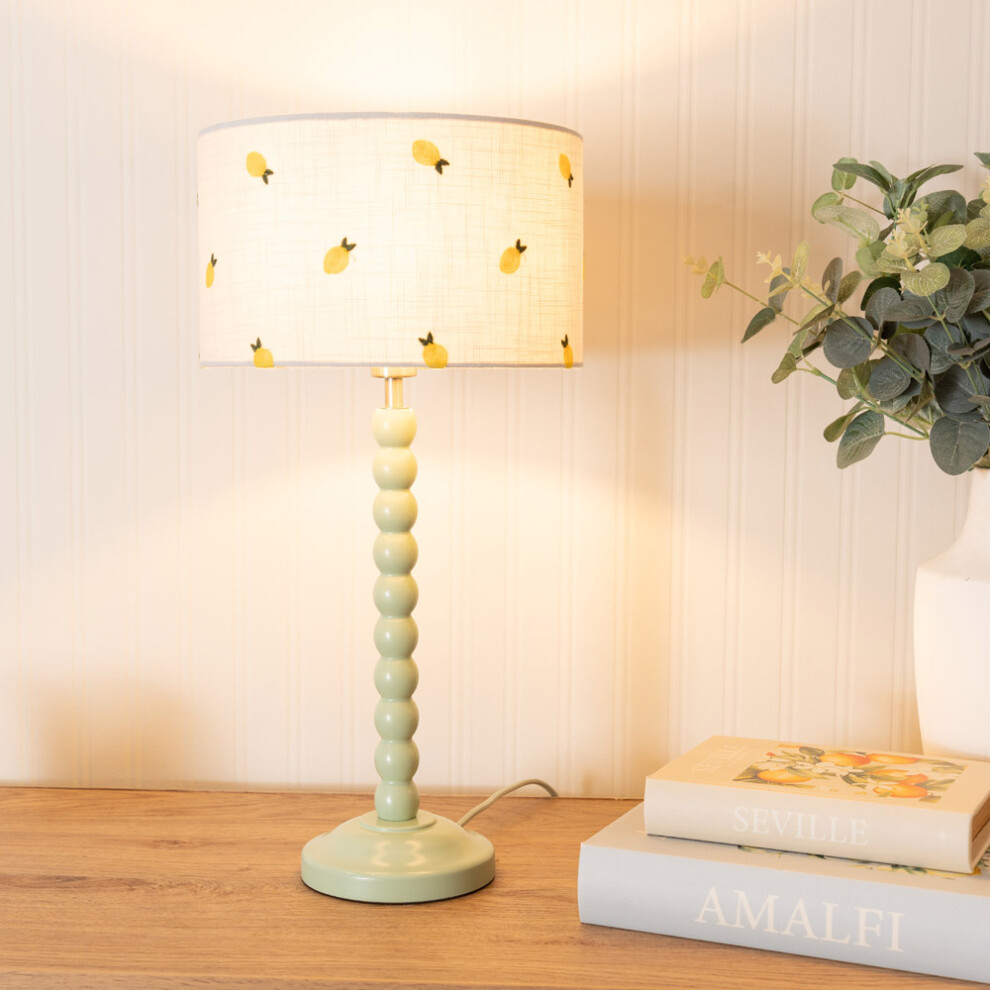 ValueLights Bobbins Sage Green Table Lamp with Lemon Embroidered Shade