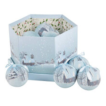 The Christmas Workshop 82780 14-Pack Frosted Snow Village Design Decoupage Baubles | Christmas Decorations | Gift Boxed | 7.5cm | Blue & White Ch