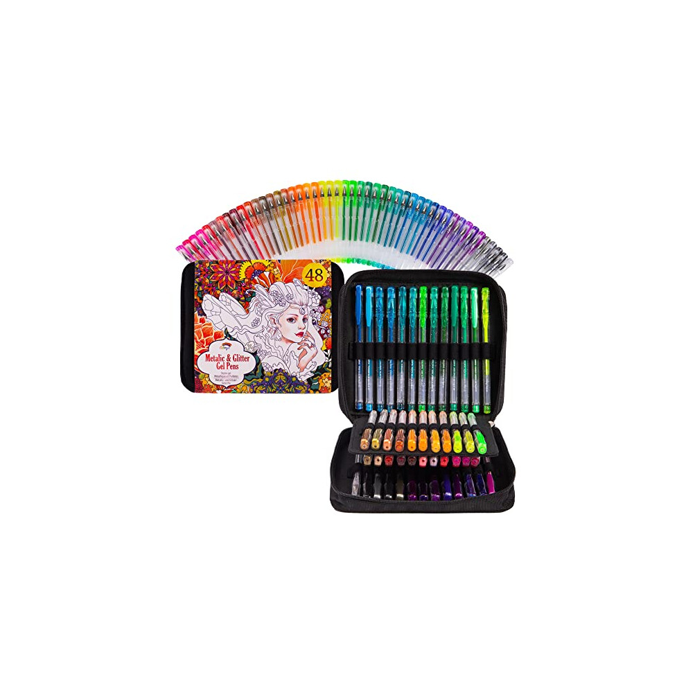 Colorya 48 Gel Pens For Adult Colouring - 17 Metallic & 31 Glitter Gel Pens + Carry Bag - Perfect for Coloring Book for Adults, Sketching, Drawin