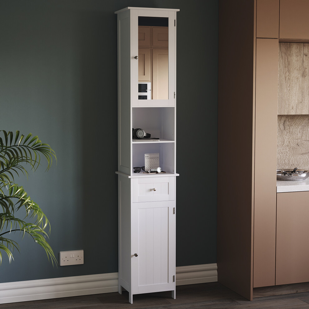 Priano 2 Door Tall Cabinet Drawer Shelves Mirror Bathroom Cupboard Storage White