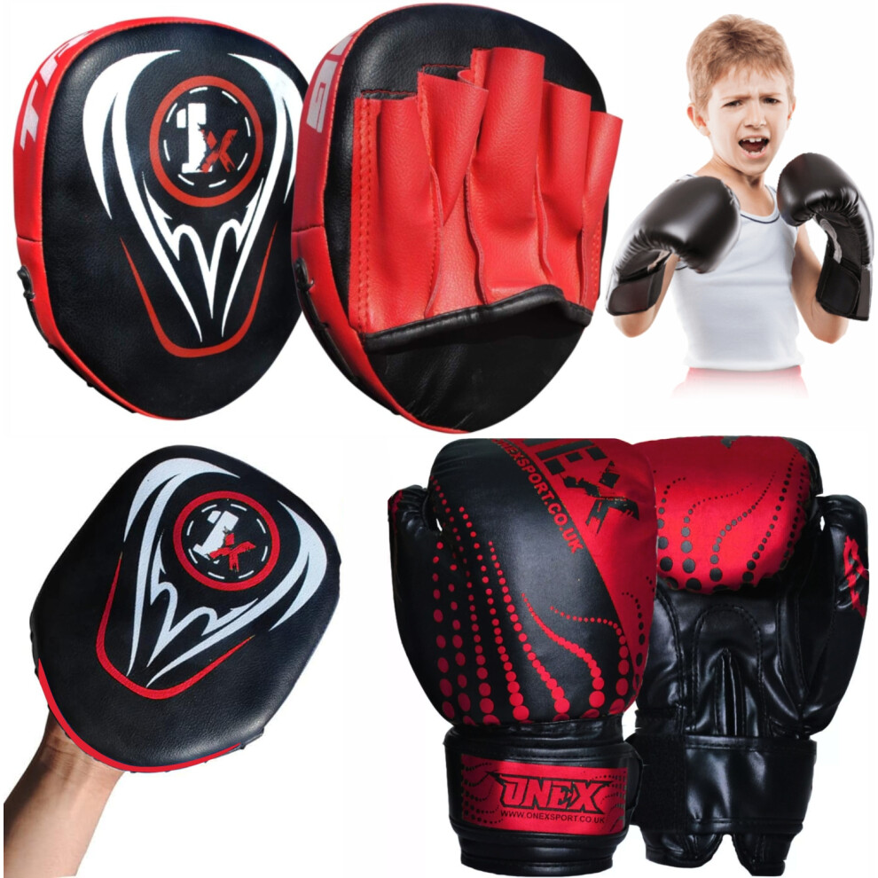 (Blk/Red Set) Focus Pad Boxing Set 6oz Punching Sparring Gloves