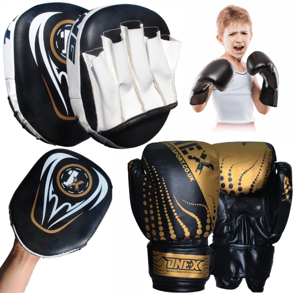 (Blk/Gold Set) Focus Pad Boxing Set 6oz Punching Sparring Gloves