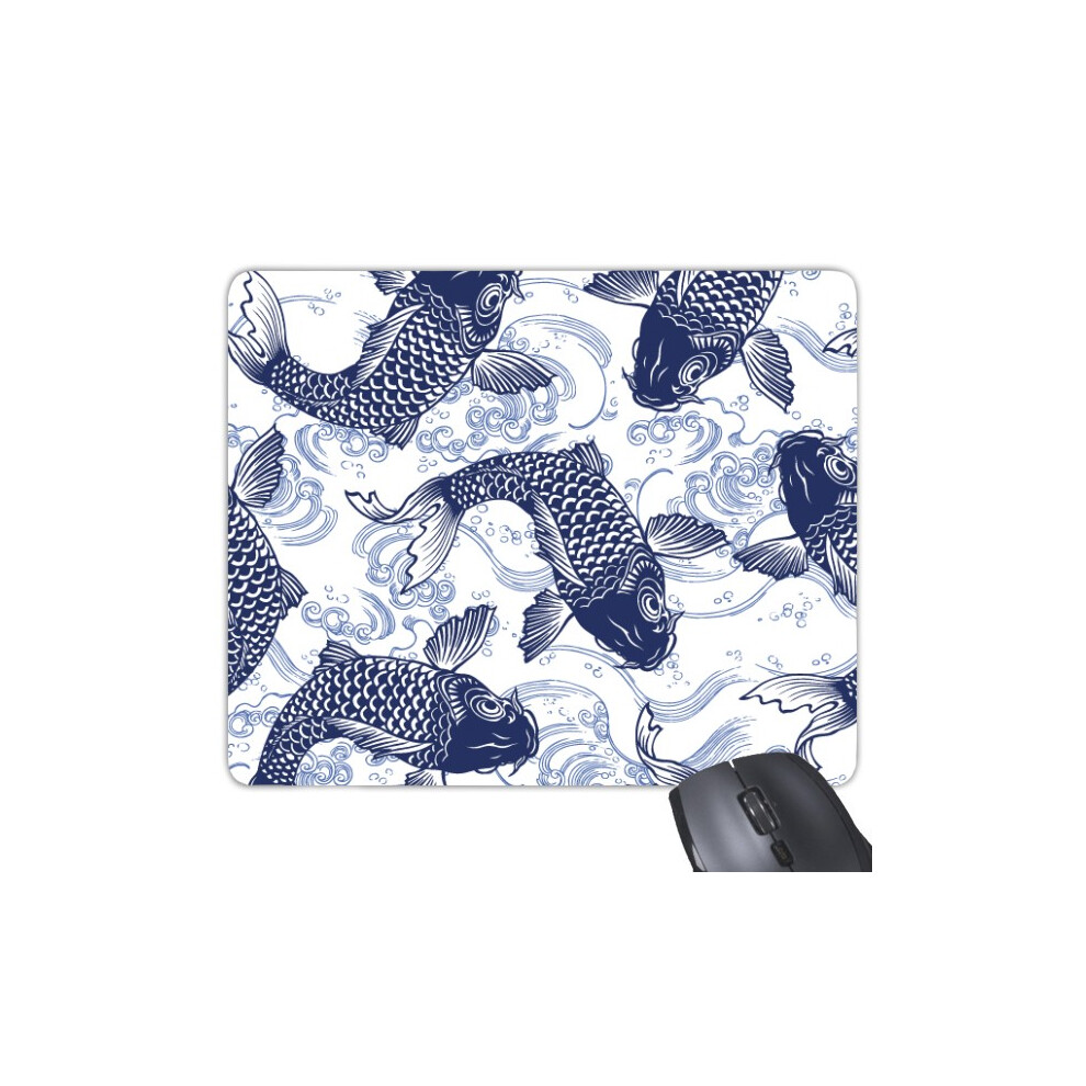 Carp Wave Pattern Japan Mouse Pad Non-Slip Rubber Mousepad Game Office Blue 697184811357