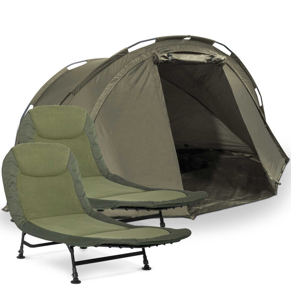 Fishing Bivvy Tent, 2-Man Waterproof UV Protection & Fishing Bedchair Fleece Mattress x 2 - DL142