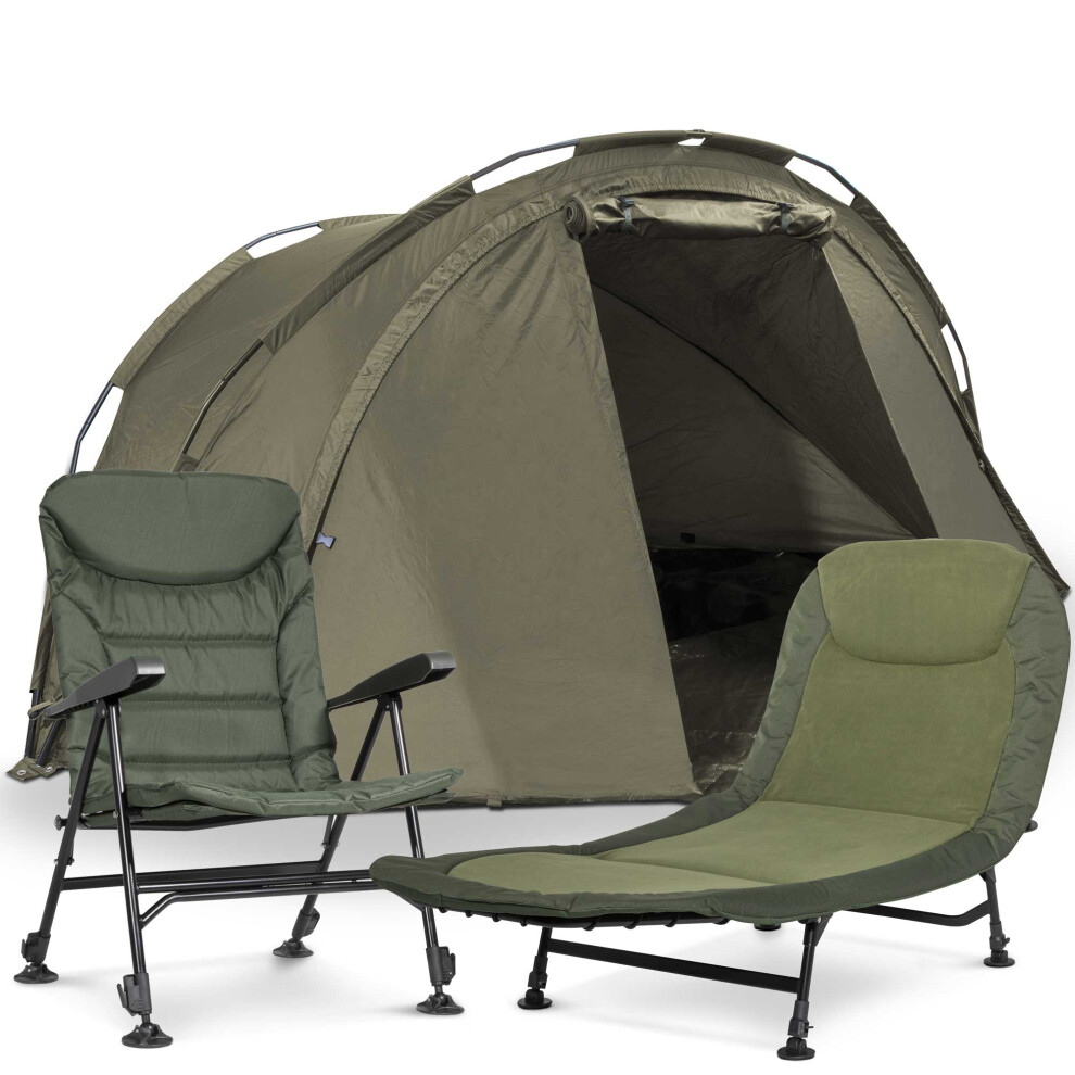 Fishing Bivvy Tent, 2-Man Waterproof UV Protection, Fishing Chair & Bedchair Fleece Mattress - DL143