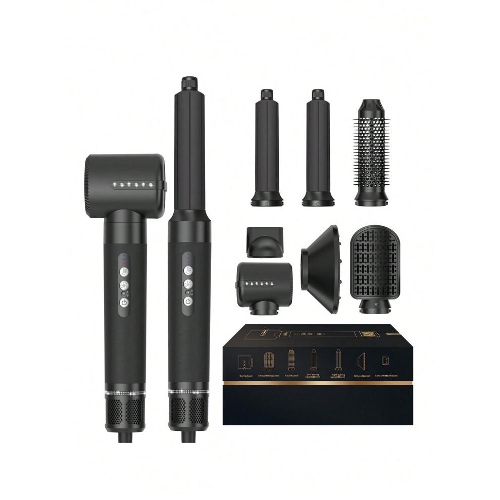 (Black, UK Plug) 1pcs 7 in 1 Multifunctional Hot Air Brush Hairdressing Set with 7 Removable Hair Dryer Heads, High Speed Brushless Motor Hair Dryer Kit