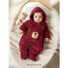 (Burgundy, 1-3M) Cozy Pixies Newborn Baby Boy Costume Cartoon Bear Ear Hooded Thickened Fleece Footie Jumpsuit