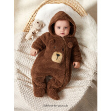(Brown, 6-9M) Cozy Pixies Newborn Baby Boy Costume Cartoon Bear Ear Hooded Thickened Fleece Footie Jumpsuit