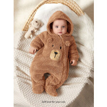 (Khaki, 0-1M) Cozy Pixies Newborn Baby Boy Costume Cartoon Bear Ear Hooded Thickened Fleece Footie Jumpsuit