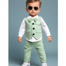 (Green, 12-18M) 2pcs Gentleman Suit Includes Woven Vest And Trousers, Suitable For Birthday Party, Wedding, Stage Performance , Baby Boy Clothes