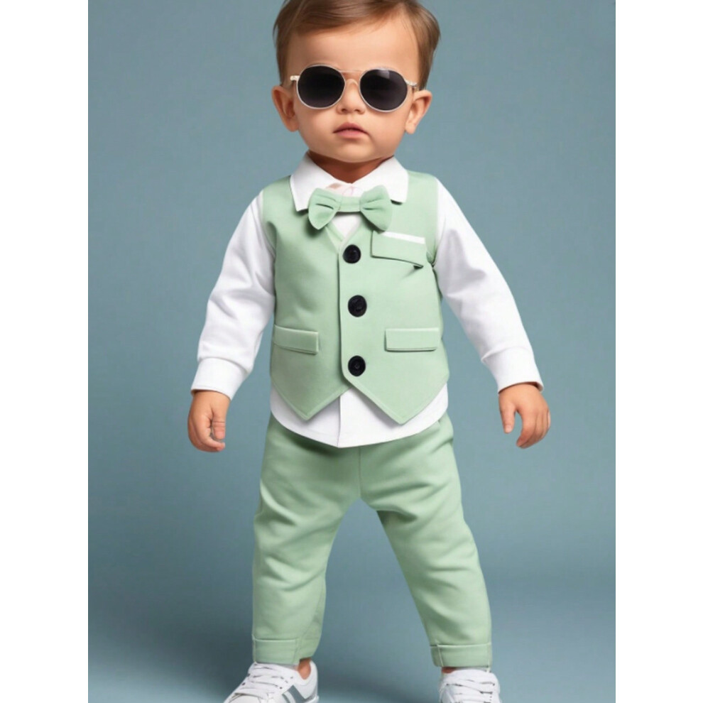 (Green, 9-12M) 2pcs Gentleman Suit Includes Woven Vest And Trousers, Suitable For Birthday Party, Wedding, Stage Performance , Baby Boy Clothes