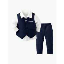 (Navy Blue, 9-12M) 2pcs Gentleman Suit Includes Woven Vest And Trousers, Suitable For Birthday Party, Wedding, Stage Performance , Baby Boy Clothes