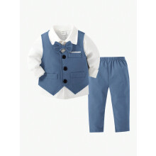 (Blue, 2-3Y) 2pcs Gentleman Suit Includes Woven Vest And Trousers, Suitable For Birthday Party, Wedding, Stage Performance , Baby Boy Clothes