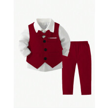 (Red, 9-12M) 2pcs Gentleman Suit Includes Woven Vest And Trousers, Suitable For Birthday Party, Wedding, Stage Performance , Baby Boy Clothes