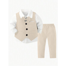 (Apricot, 2-3Y) 2pcs Gentleman Suit Includes Woven Vest And Trousers, Suitable For Birthday Party, Wedding, Stage Performance , Baby Boy Clothes