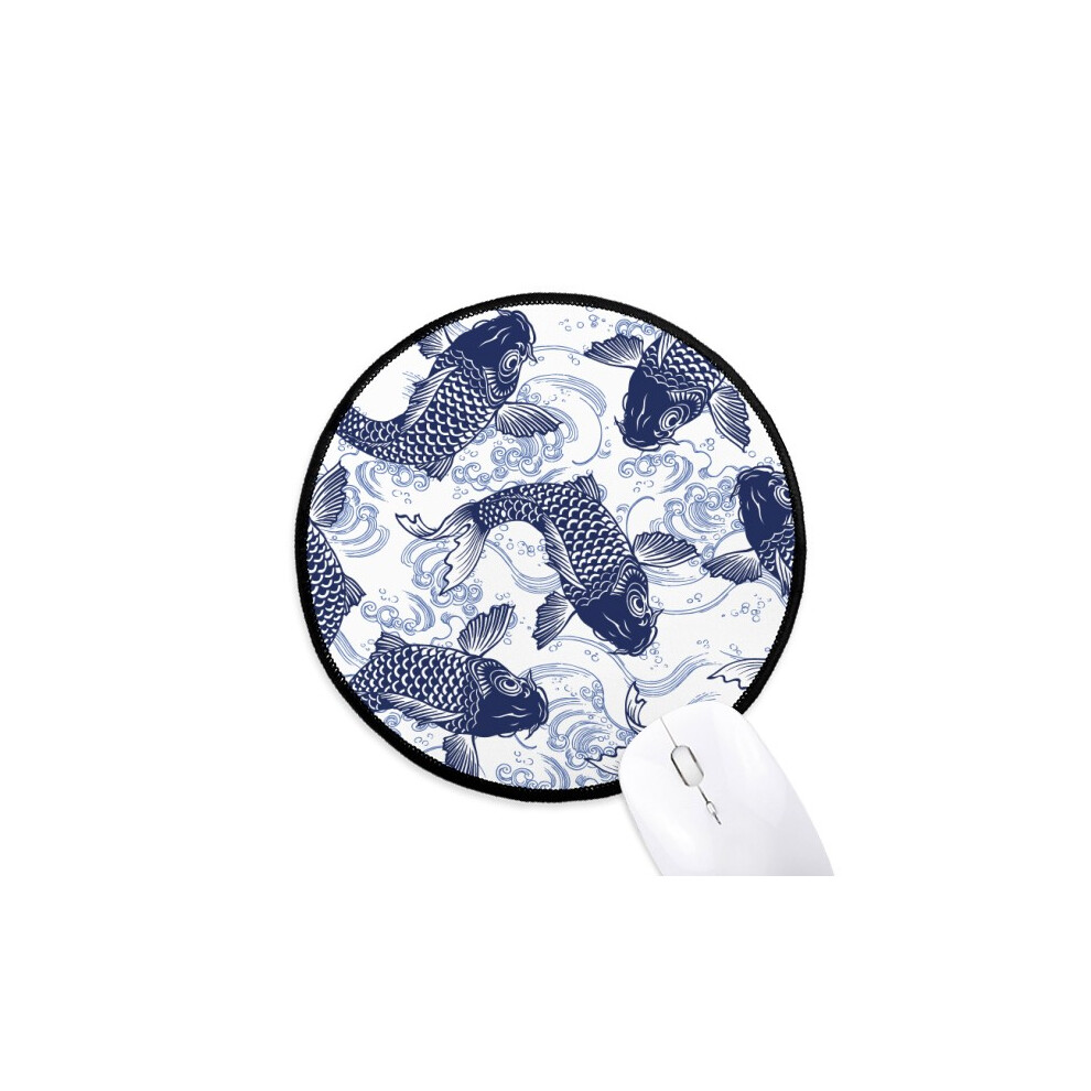 Carp Wave Pattern Japan Mouse Pad Desktop Office Round Mat For Computer Blue 697184821530