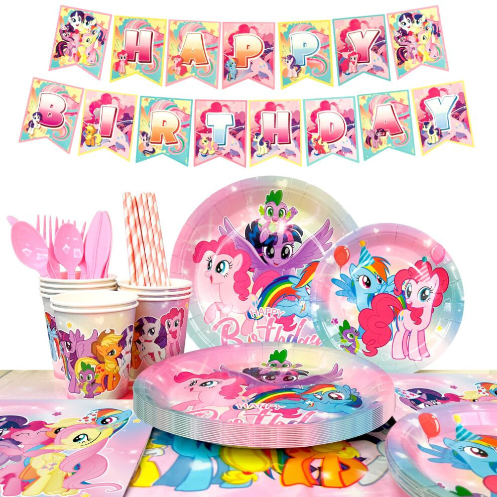 144pcs My Little Pony Party Tableware Set-My Little Pony Party Plates and Cups Table cloth Banner etc My Little Pony Theme Birthday Party Supplies