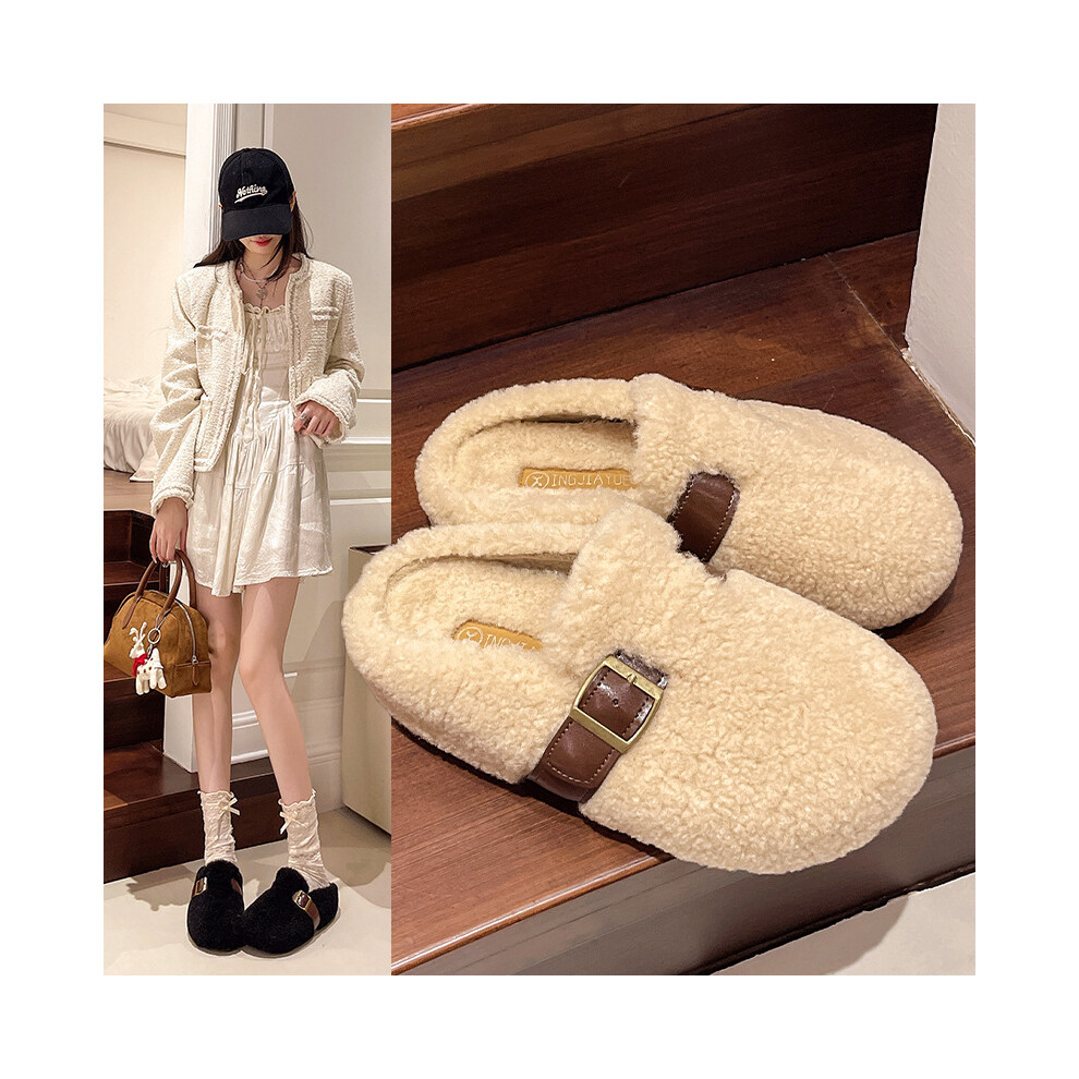 (Beige, 35) Cozy Mule Chic Slippers For Women In Beige Black And Brown With Rounded Toe Design-image-OPC-PFJXGBW-NEW