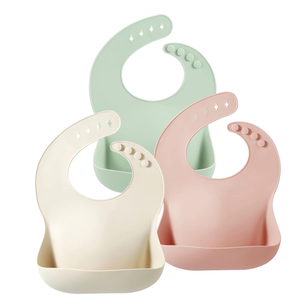 Pandaear 3 Pack Silicone Bibs For Babies & Toddlers, Waterproof Baby Bibs 6-12-18 Months For Weaning, Bpa Free Adjustable Baby Feeding Bib With Large