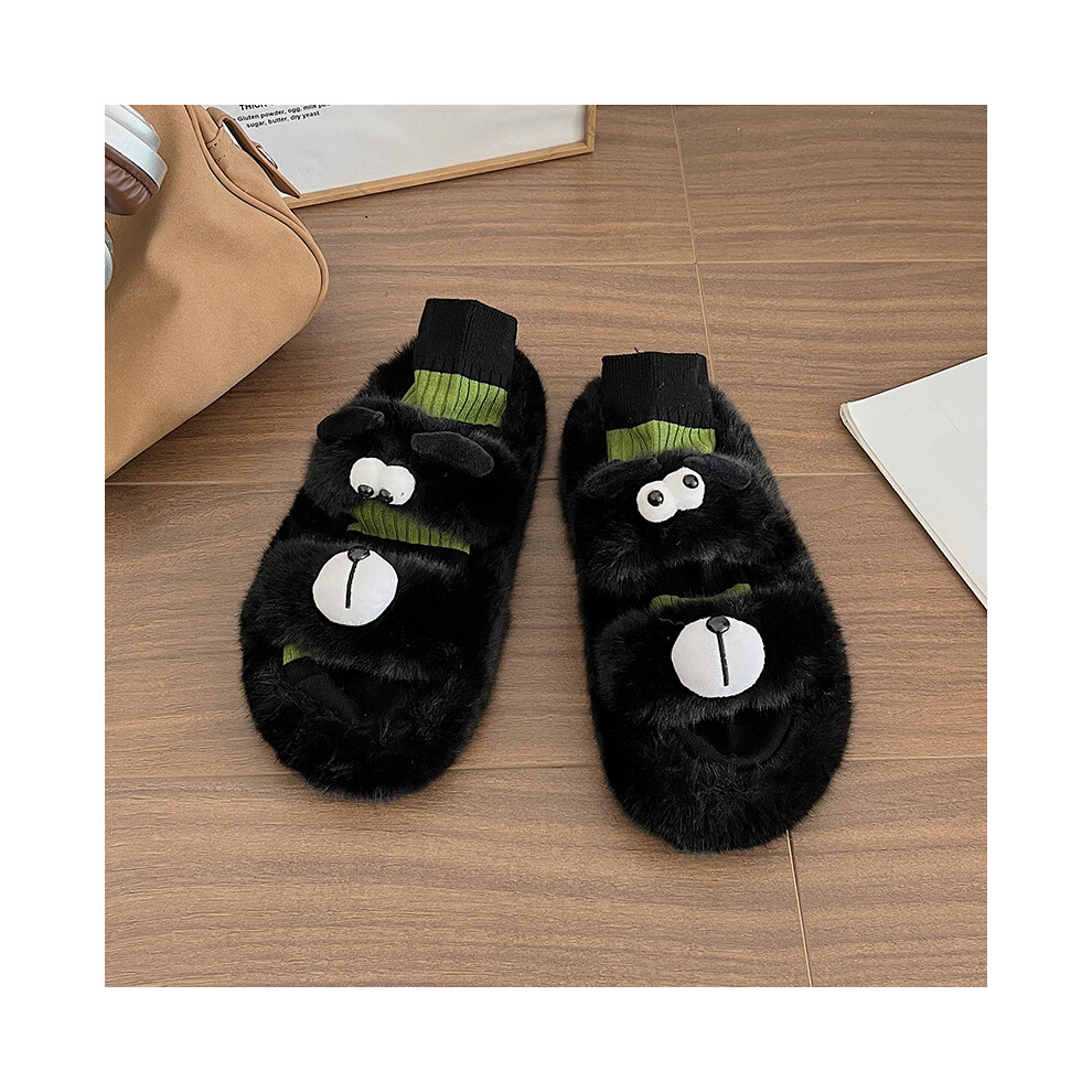 (Black, 39) Cartoon Fuzzy Soft Slippers For Women Casual Thick Sole House Shoes For Autumn Winter-image-OPC-PFJXJ2H-NEW