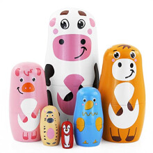 Boerni Set of 6 Animal Wooden Nesting Doll,Cartoon Cow Cattle Chicken Zebra Bird Farm Handmade Russian Matryoshka Dolls Stacking Toy for Kids Gift