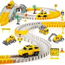 kizplays 260pcs Construction Race Tracks for Kids Toys, 6pcs Construction Car and Flexible Track Set Create Engineering Gifts for 3 4 5 6 Year Old