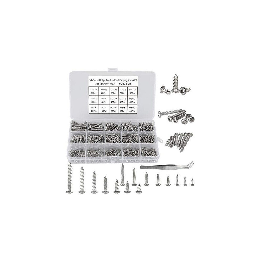 Fandway 595Pcs M2 M3 M4 Phillips Pan Head Self-Tapping Screws,304 Stainless Steel Round Head Tapping Screws,Wood Screws Assortment Set With Storage 90579813