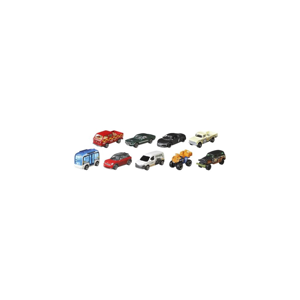 Matchbox 9-Pack Vehicles, Collection of 9 1:64 Scale Die-Cast Toy Cars Featuring Real-World Replicas of Recognizable Vehicles for Collectors and Kids